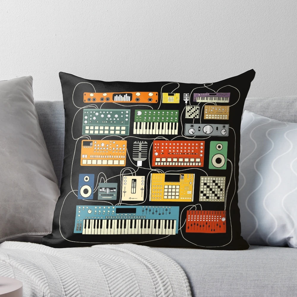 Pillow featuring a retro-style synthesizer and drum machine design for electronic music enthusiasts