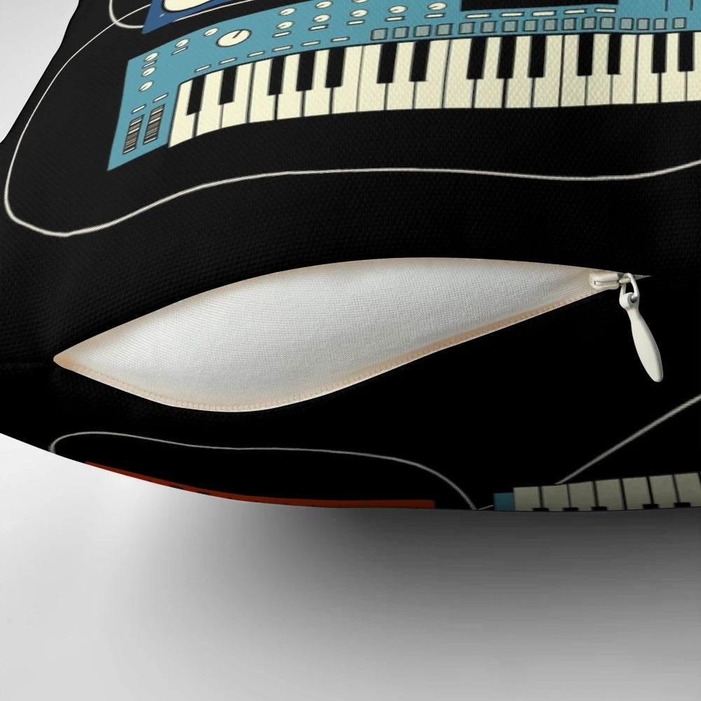 Pillow featuring a retro-style synthesizer and drum machine design for electronic music enthusiasts