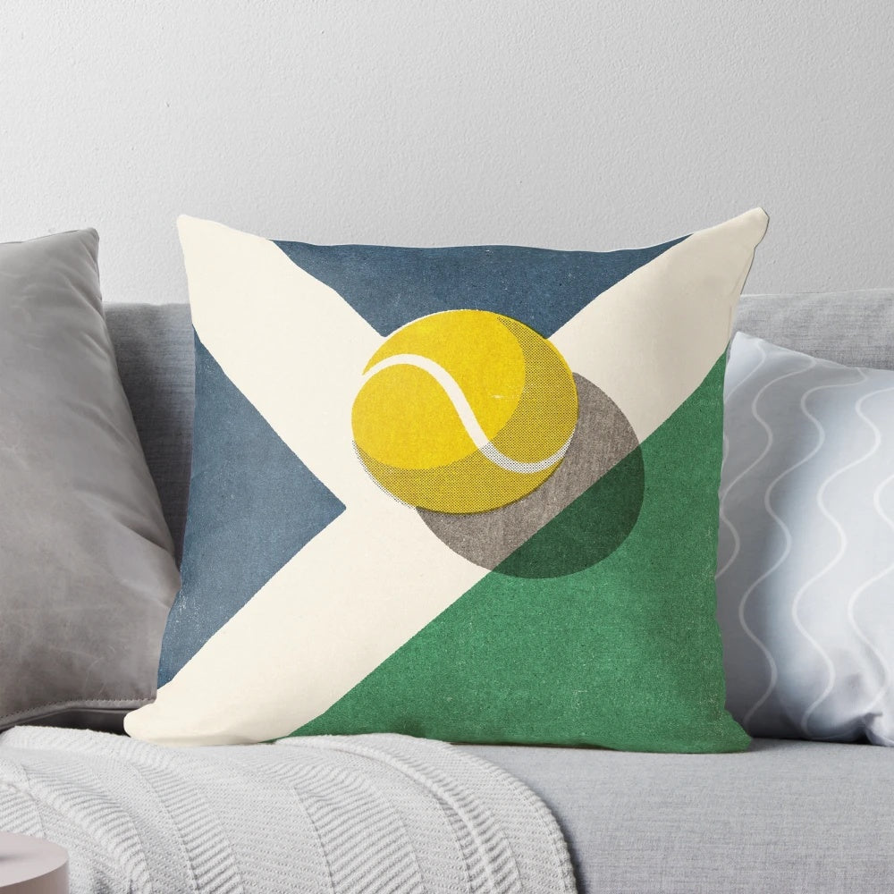 Retro illustration of a tennis ball on a hard court surface, printed on a throw pillow for sports-themed home decor.