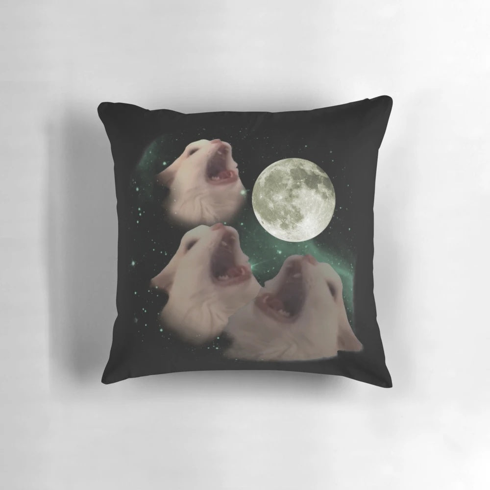 Fluffy white cat-shaped pillow with gray and black moon design, inspired by the 'thurston waffles' meme