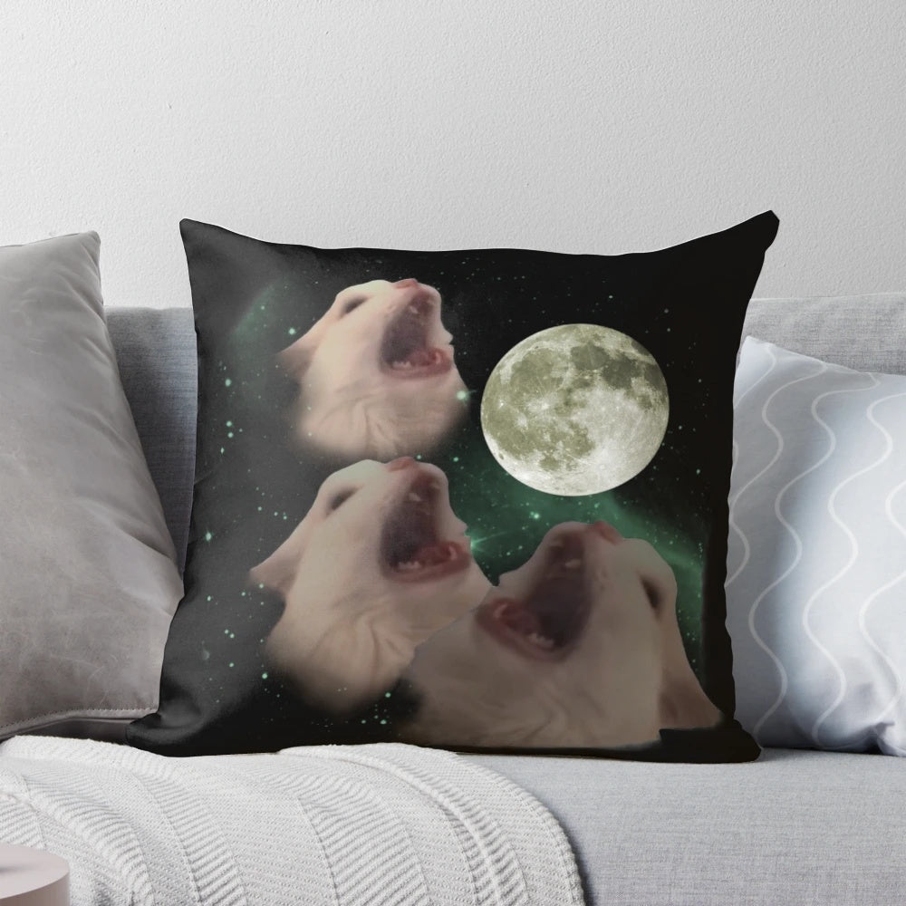 Fluffy white cat-shaped pillow with gray and black moon design, inspired by the 'thurston waffles' meme