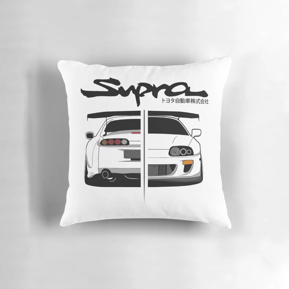 Retro-style vector art graphic of a Toyota Supra MK IV sports car on a plush pillow