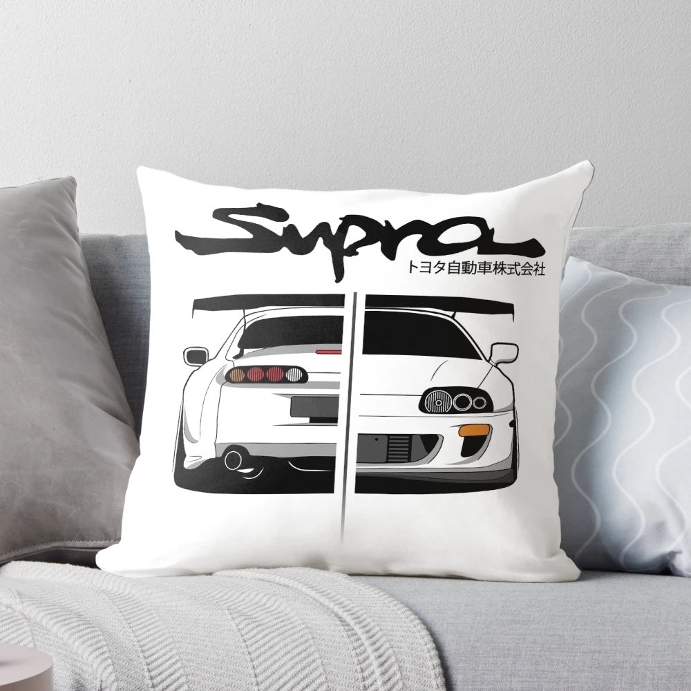 Retro-style vector art graphic of a Toyota Supra MK IV sports car on a plush pillow