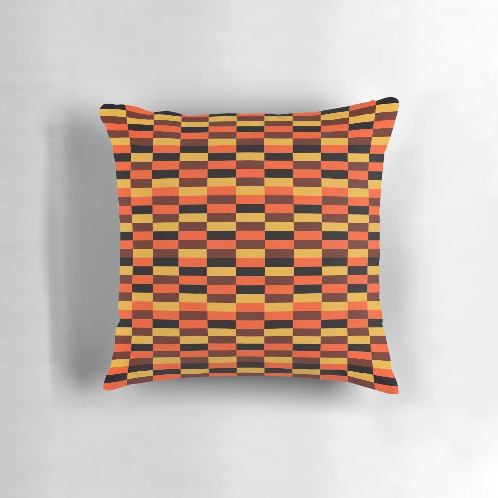 Retro-styled train seat cover pillow in orange and brown tones