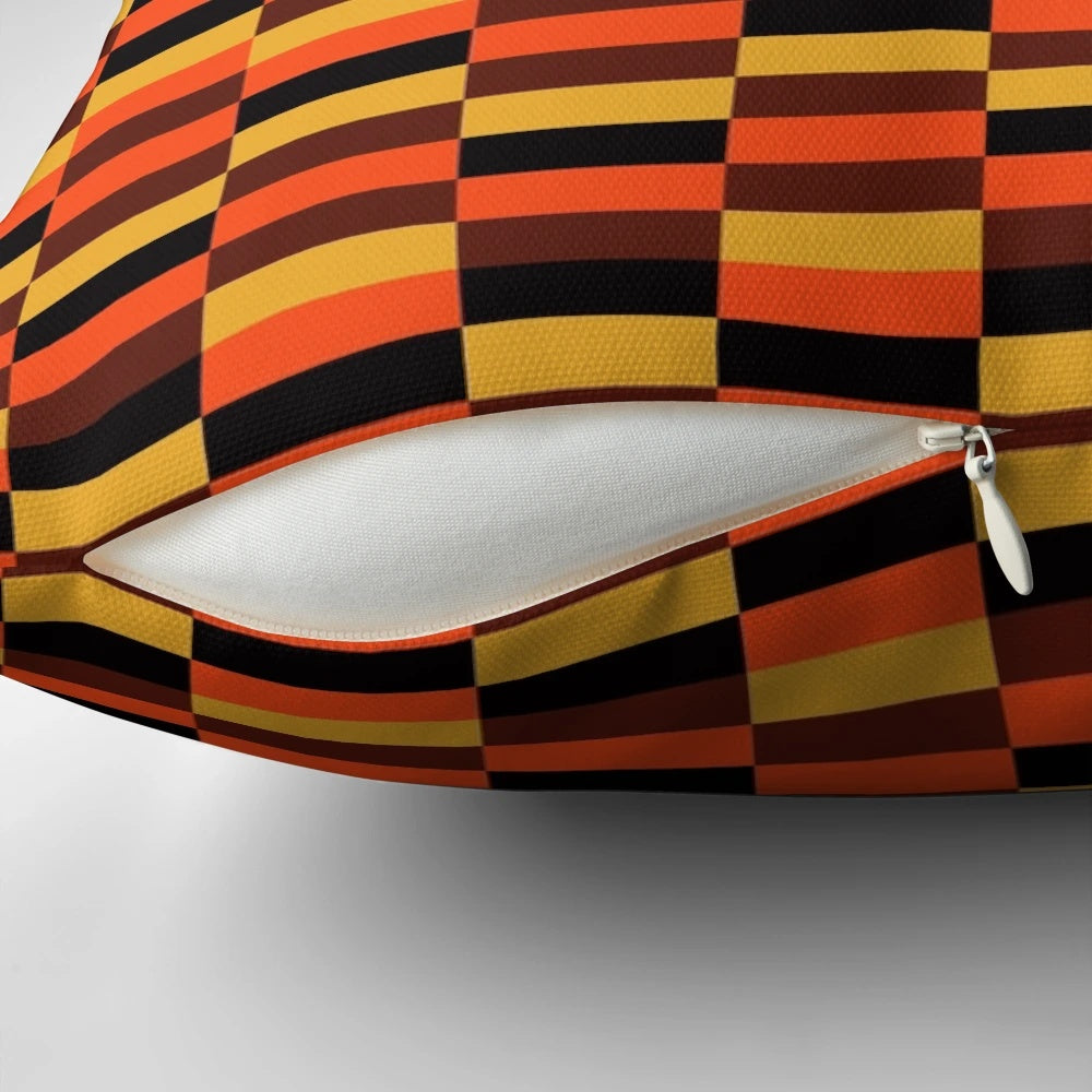 Retro-styled train seat cover pillow in orange and brown tones