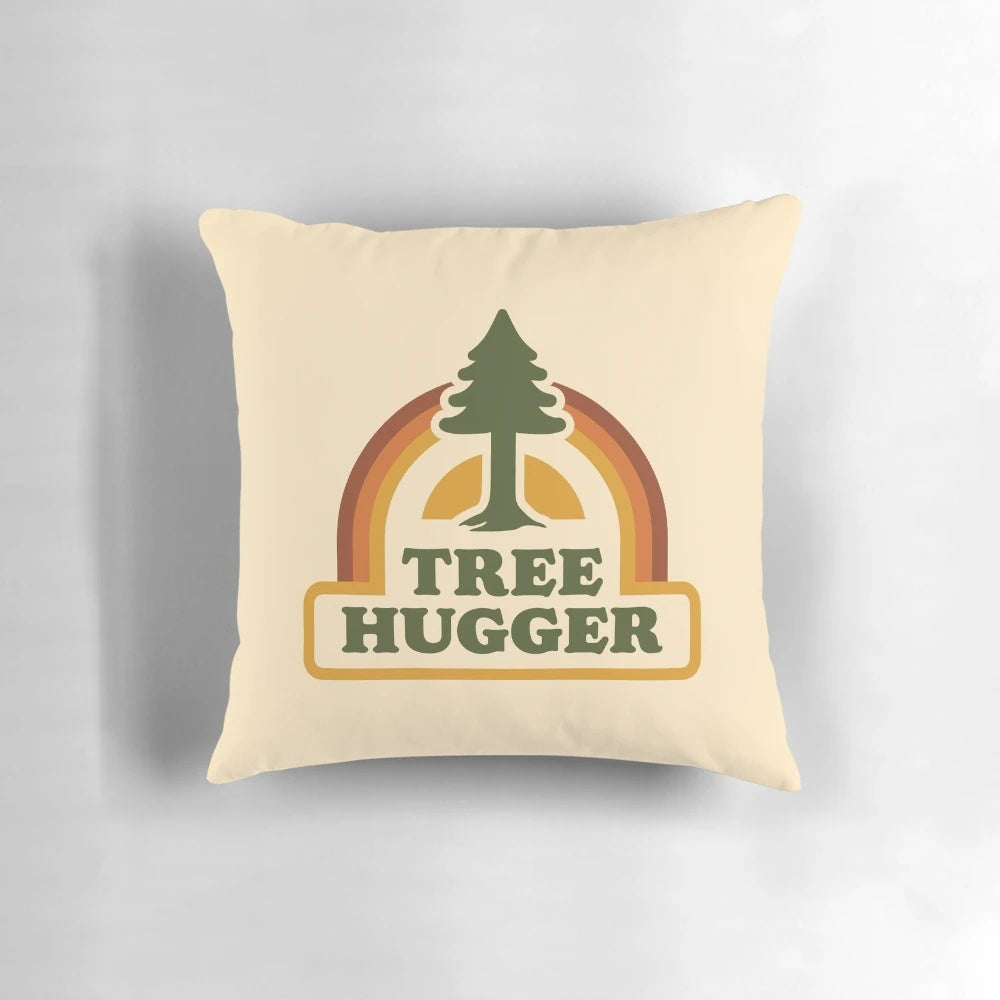 Retro tree hugger pillow featuring a nature-inspired design with trees, rainbows, and a hippie-inspired aesthetic.