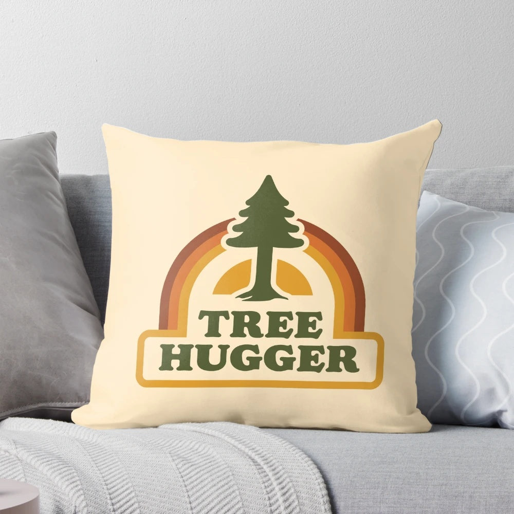 Retro tree hugger pillow featuring a nature-inspired design with trees, rainbows, and a hippie-inspired aesthetic.