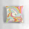 Retro trippy boho hippie print decorative throw pillow with psychedelic moon, sun, and rainbow design.