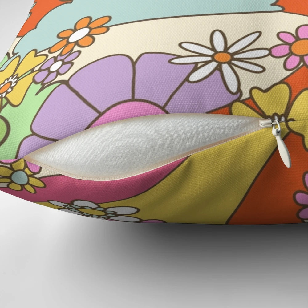 Retro trippy boho hippie print decorative throw pillow with psychedelic moon, sun, and rainbow design.