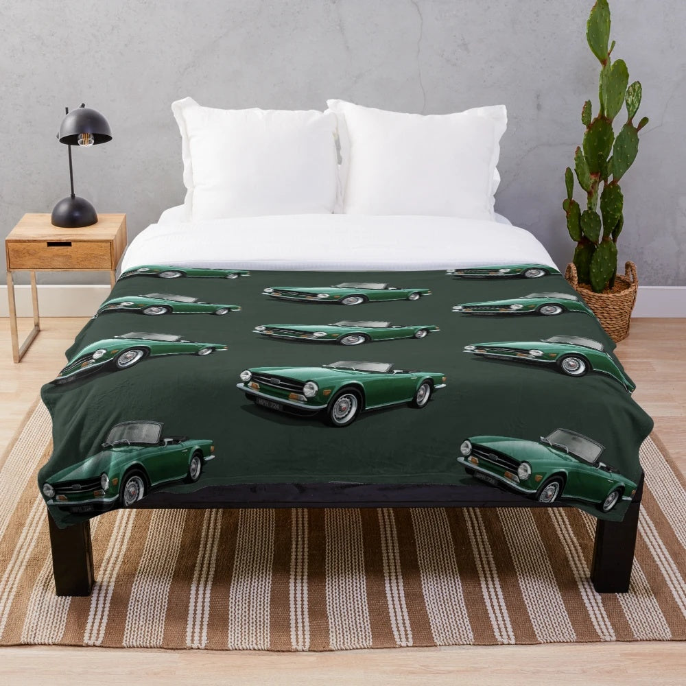 Triumph TR6 inspired plush blanket in dark green