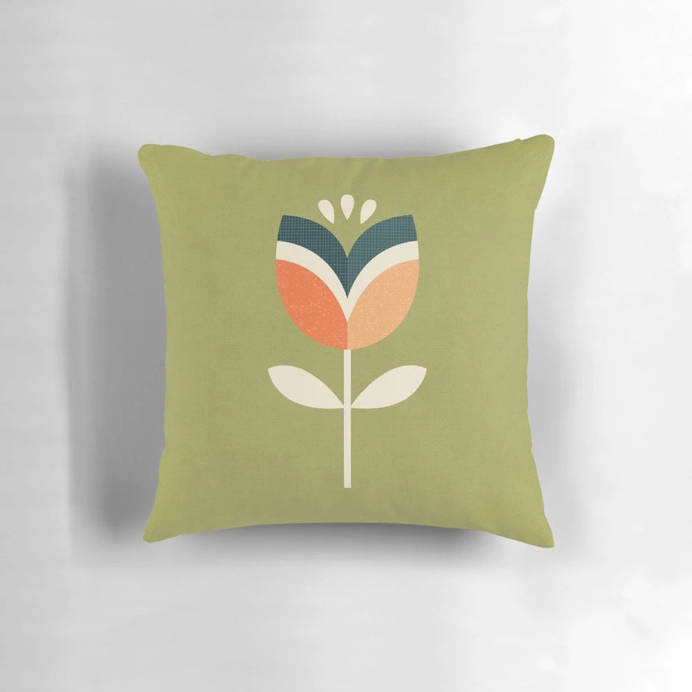 Retro tulip pattern pillow in orange and olive green colors