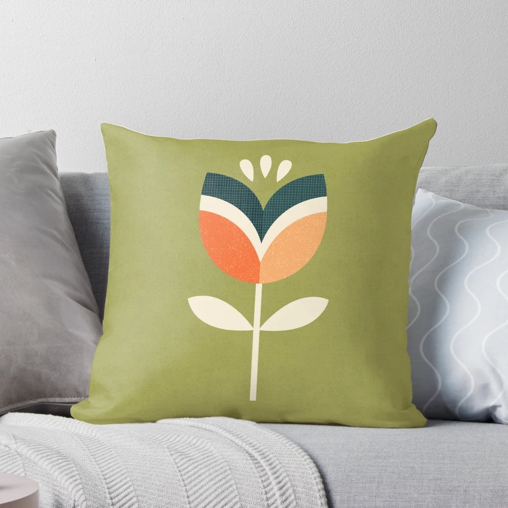 Retro tulip pattern pillow in orange and olive green colors