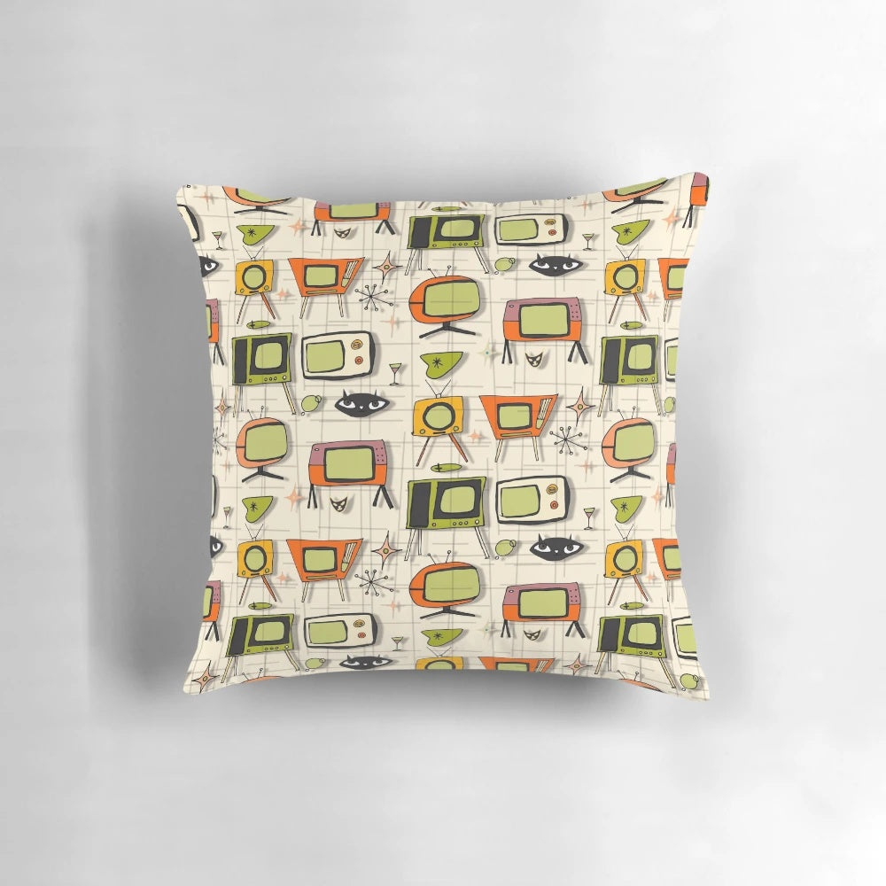 Retro TV Pearl Orange Mid-Century Pillow with Atomic Age and Space Age Inspired Design
