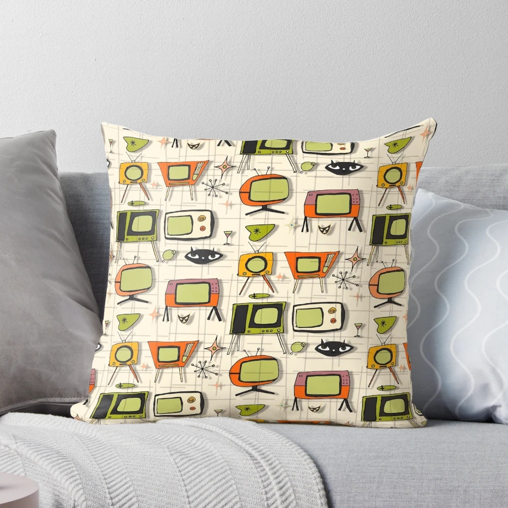 Retro TV Pearl Orange Mid-Century Pillow with Atomic Age and Space Age Inspired Design
