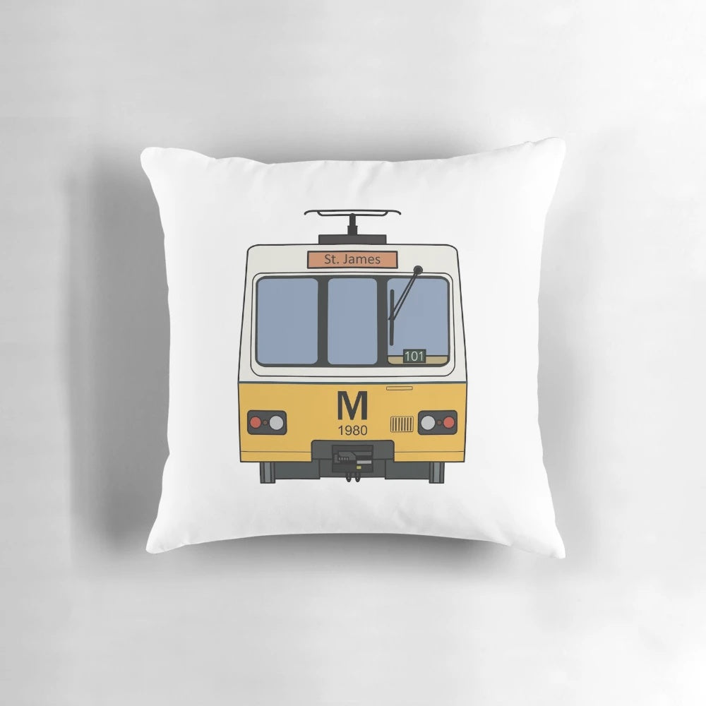 Tyne and Wear Metro inspired throw pillow with a 1980s retro design
