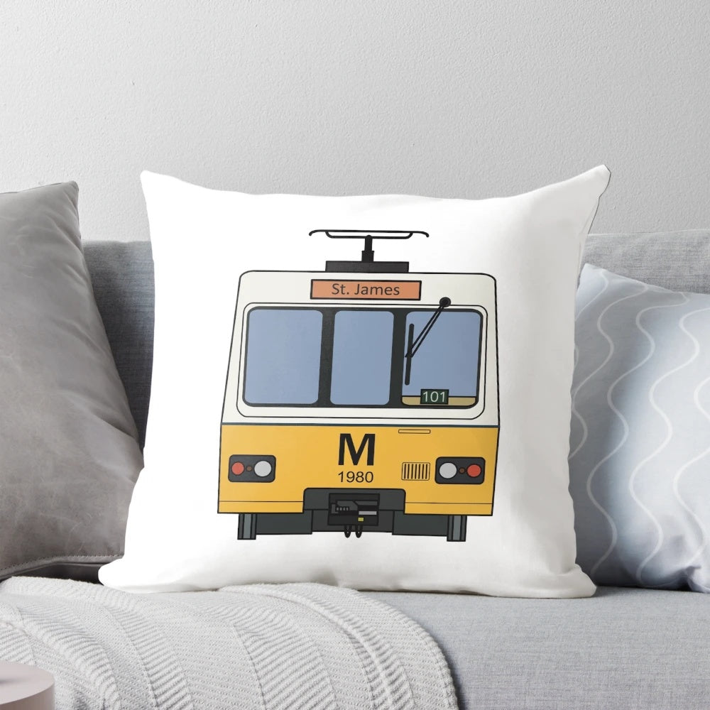 Tyne and Wear Metro inspired throw pillow with a 1980s retro design