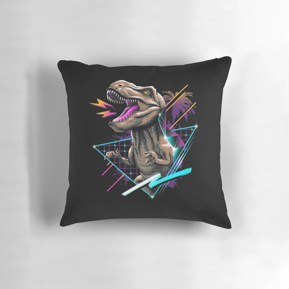 Closeup of a colorful retro-style Tyrannosaurus Rex dinosaur pillow