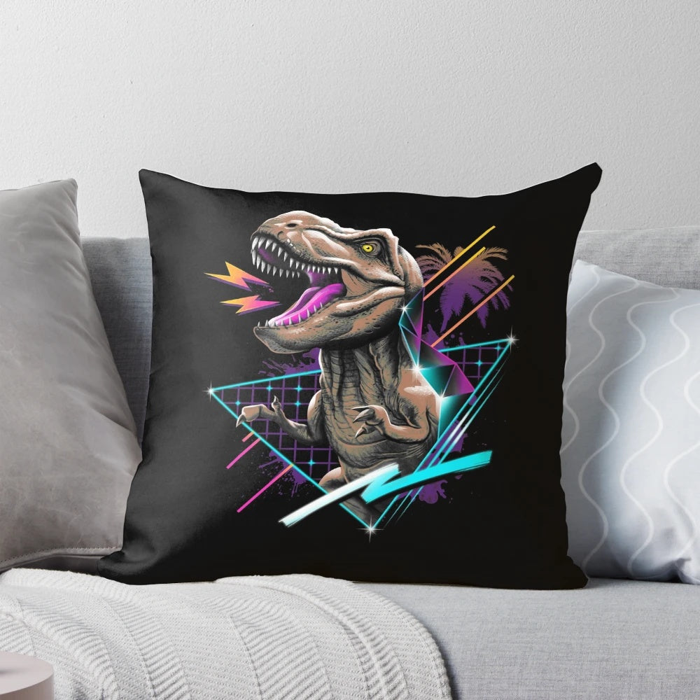 Closeup of a colorful retro-style Tyrannosaurus Rex dinosaur pillow