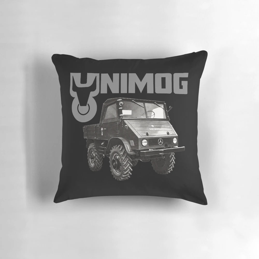 Vintage-inspired Unimog-style truck graphic printed on a throw pillow