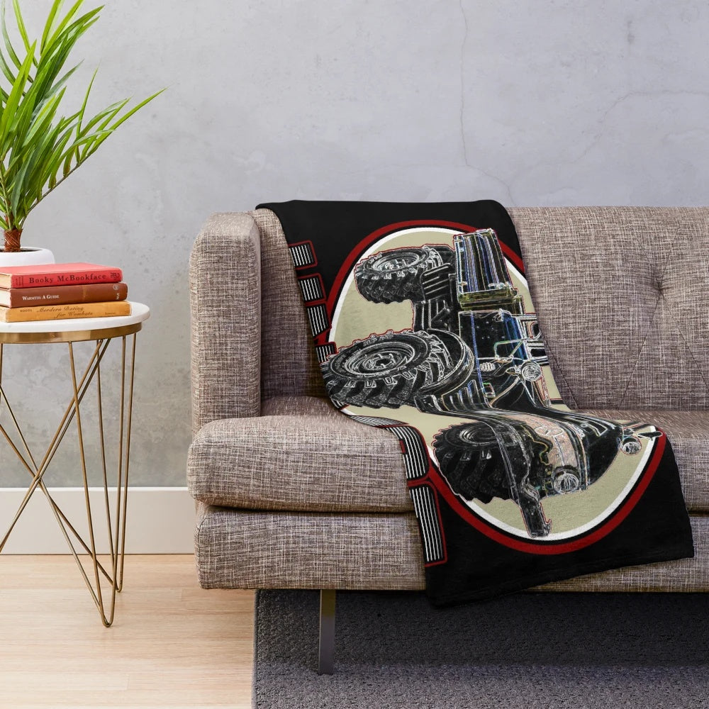 Vintage UNIMOG truck plush blanket with a black background