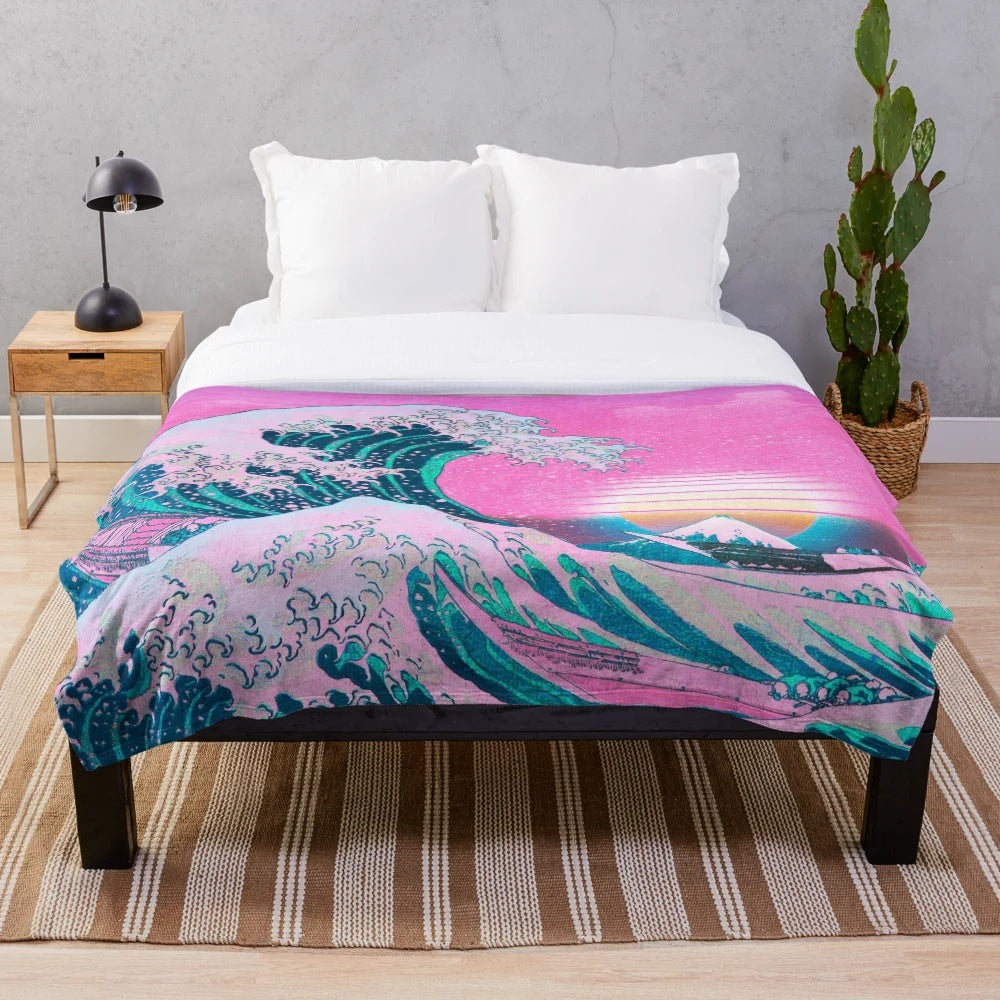 Retro vaporwave aesthetic plush blanket featuring the iconic Great Wave off Kanagawa design