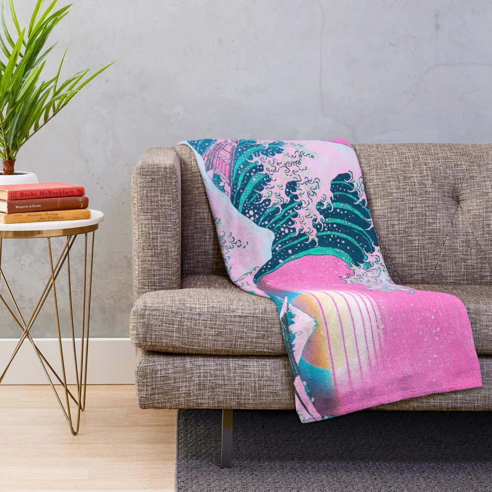 Retro vaporwave aesthetic plush blanket featuring the iconic Great Wave off Kanagawa design