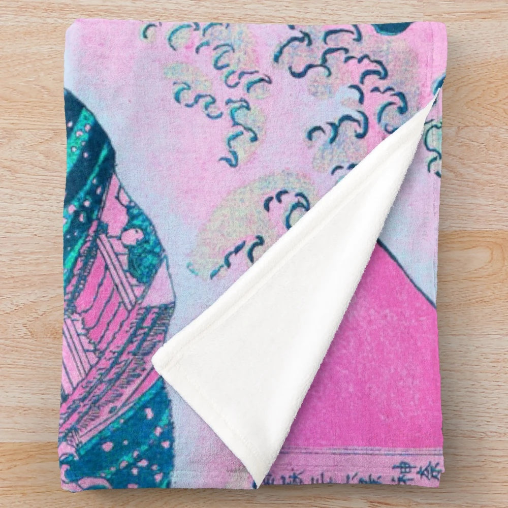 Retro vaporwave aesthetic plush blanket featuring the iconic Great Wave off Kanagawa design