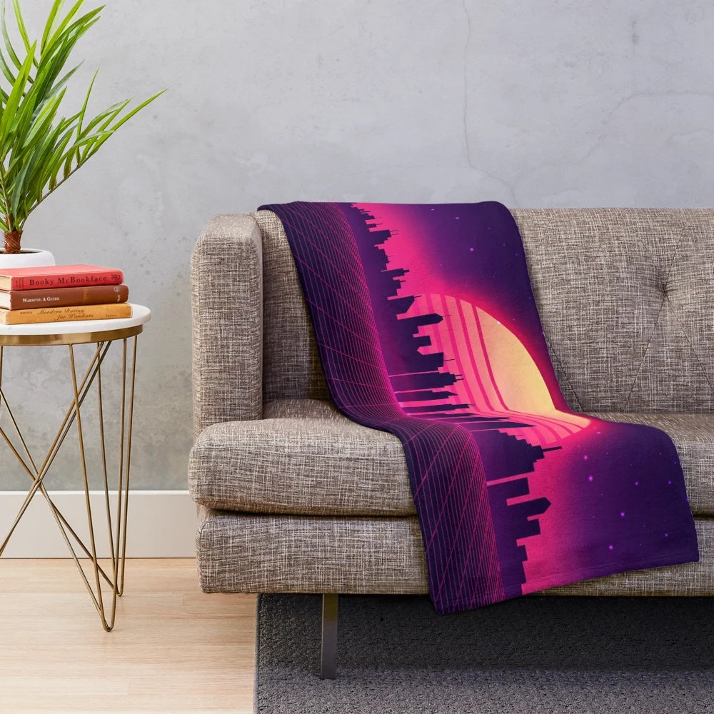 Retro Vaporwave Plush Blanket featuring a detailed cityscape