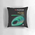 Retro vaporwave aesthetic pillow featuring a vintage VHS tape design