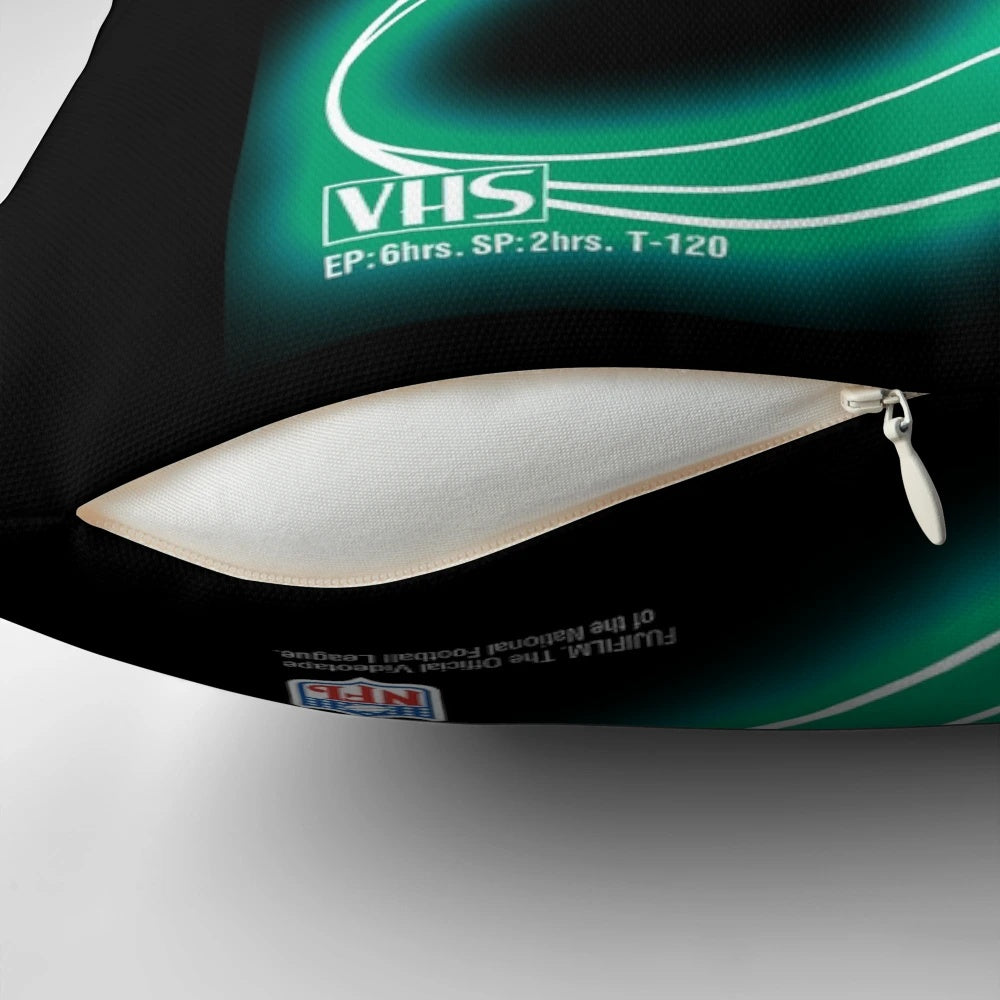 Retro vaporwave aesthetic pillow featuring a vintage VHS tape design
