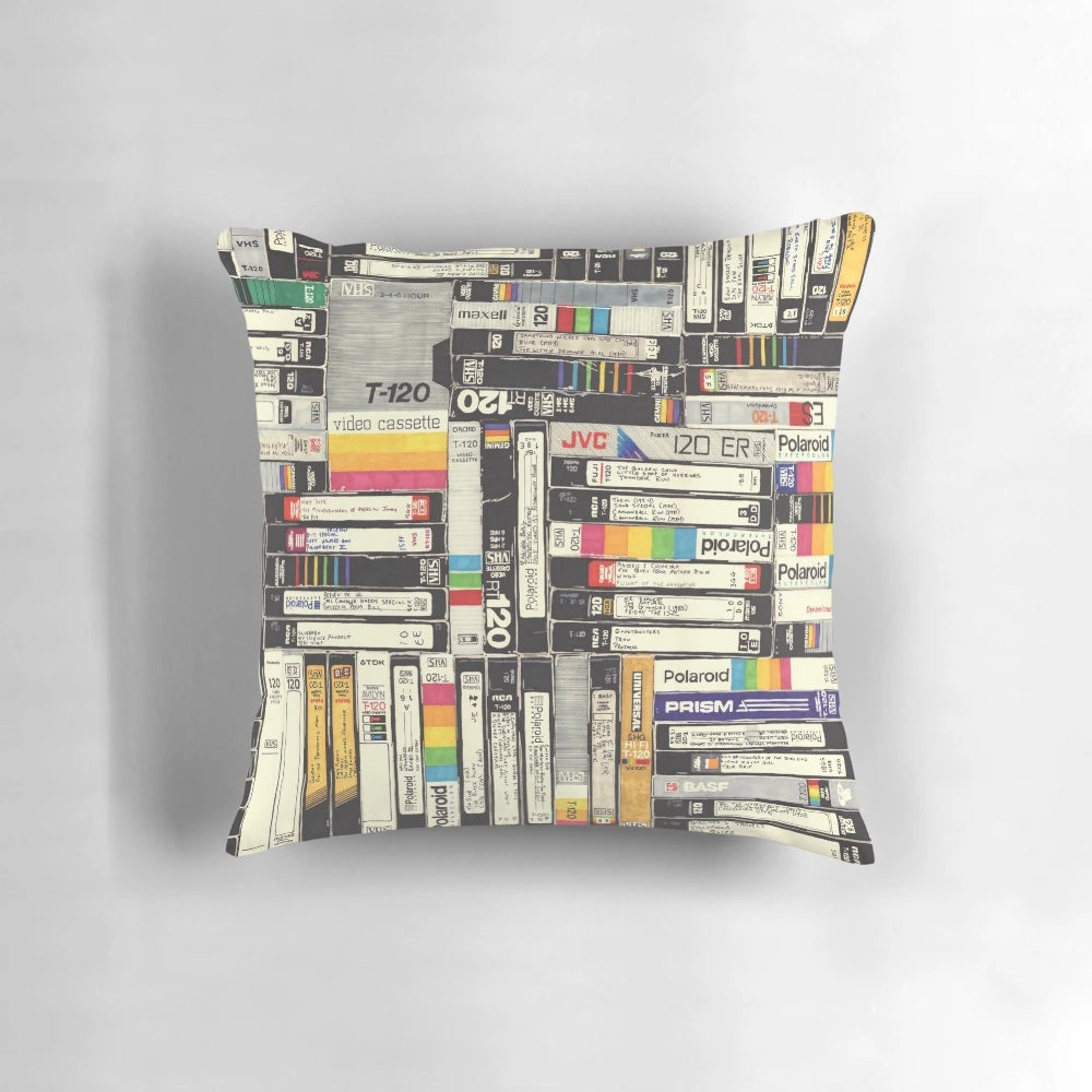 Colorful VHS-inspired throw pillow with a vintage, retro design