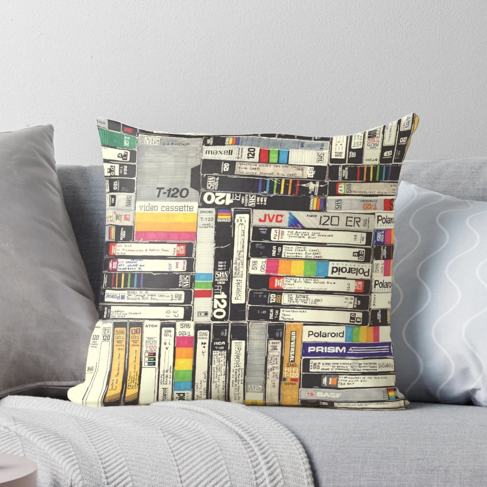 Colorful VHS-inspired throw pillow with a vintage, retro design