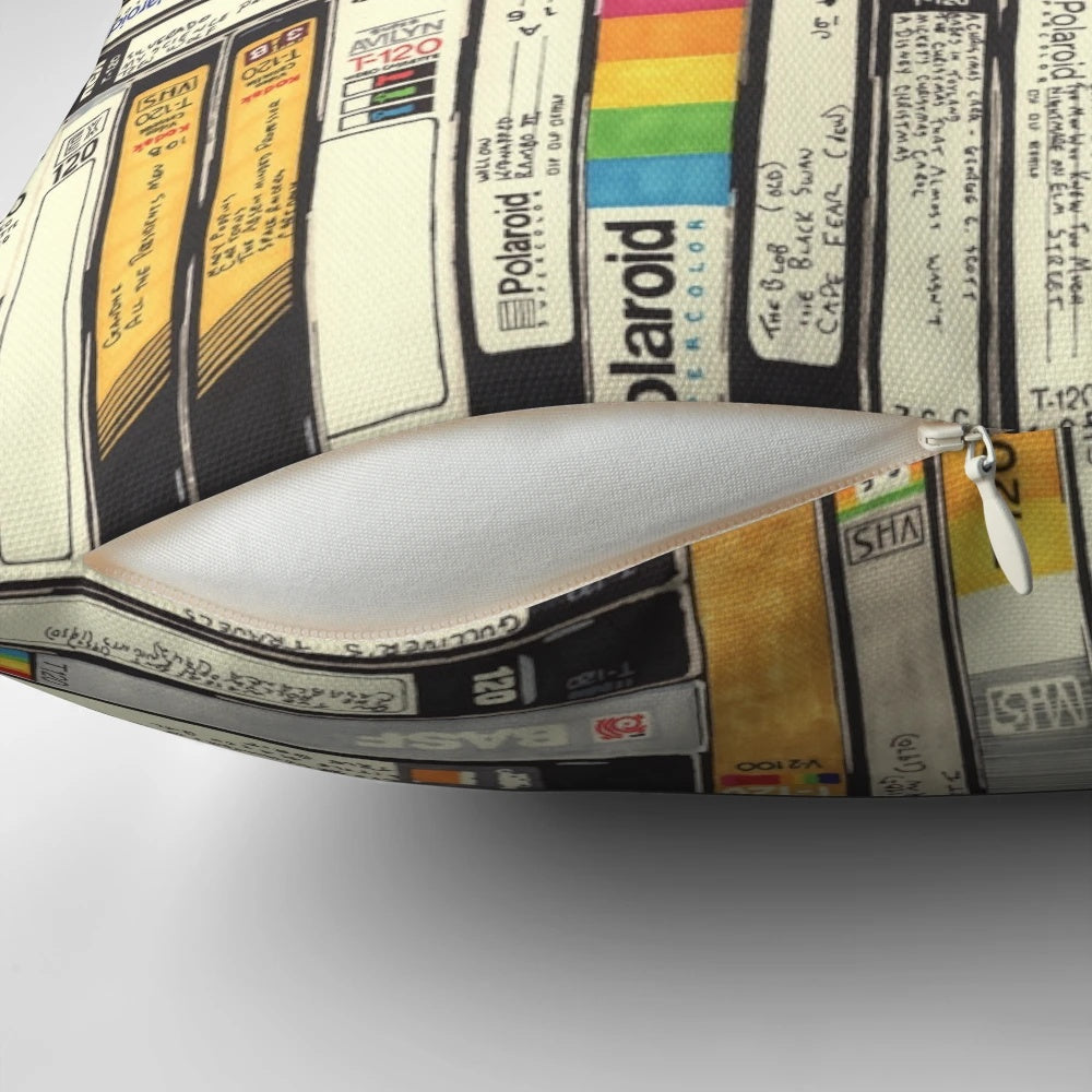 Colorful VHS-inspired throw pillow with a vintage, retro design