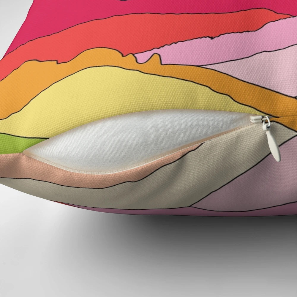 Retro-inspired pillow featuring vibrant rainbow mountains design