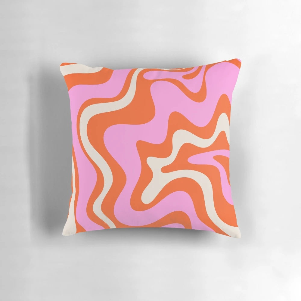 Retro vibrant liquid swirl abstract pattern throw pillow in pink, orange, and cream colors