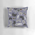 Pillow with a repeating pattern of classic video game controllers from retro gaming consoles