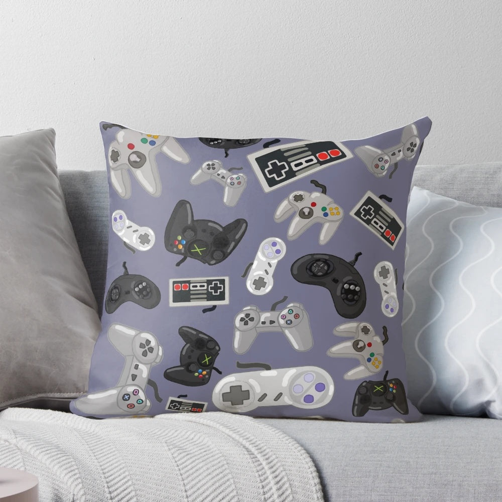 Pillow with a repeating pattern of classic video game controllers from retro gaming consoles
