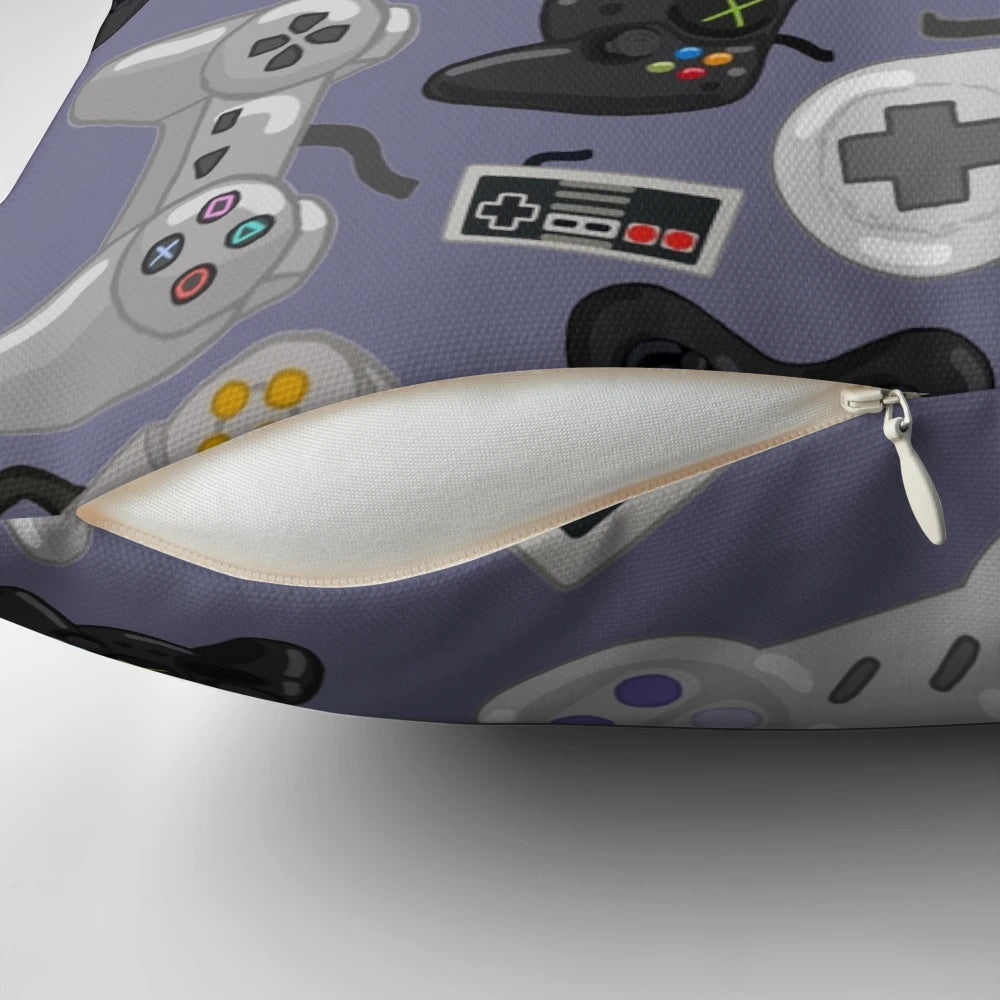 Pillow with a repeating pattern of classic video game controllers from retro gaming consoles