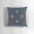 Retro video game controller buttons printed on a soft, plush pillow