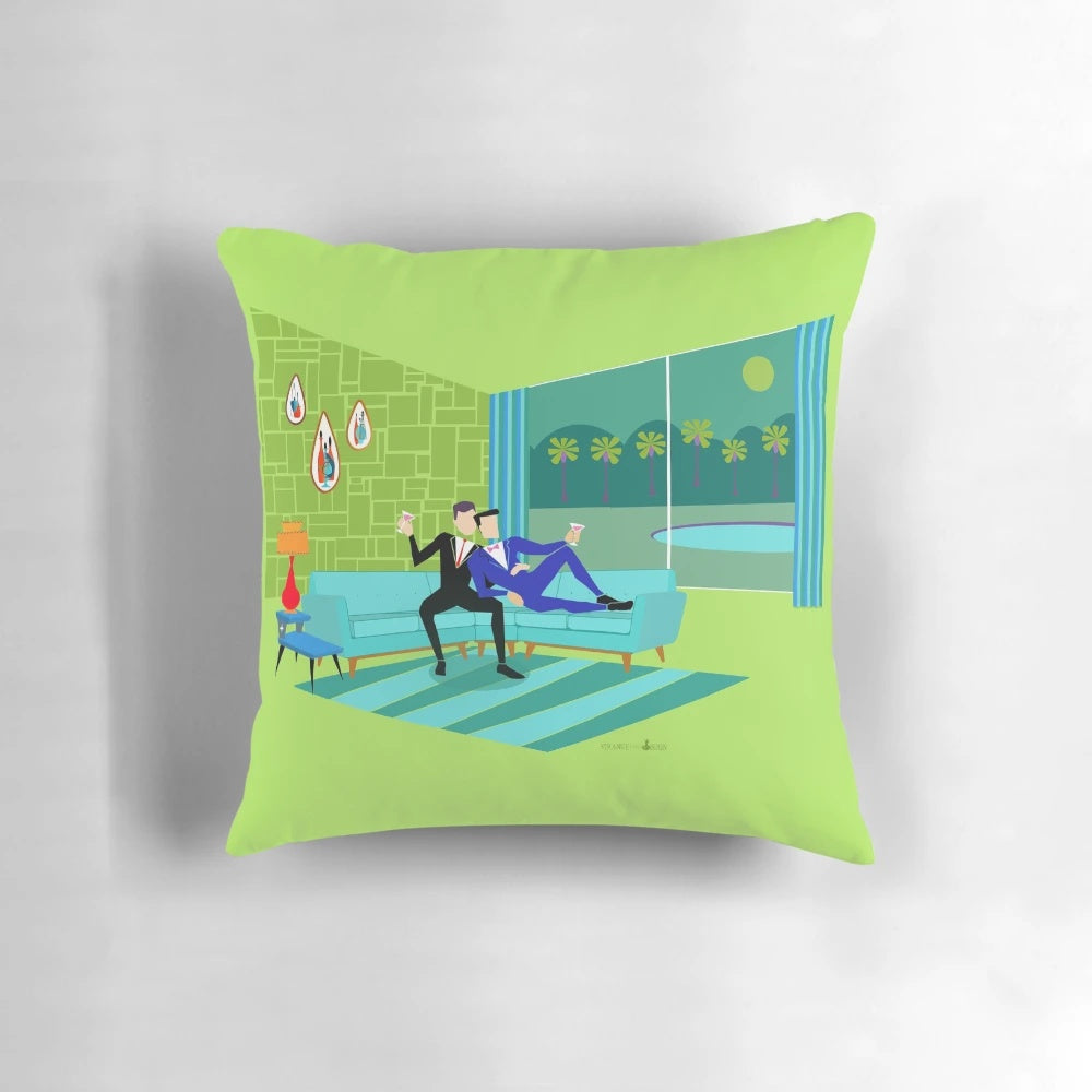 Retro gay couple pillow featuring a vintage palm springs style design with mid-century modern elements