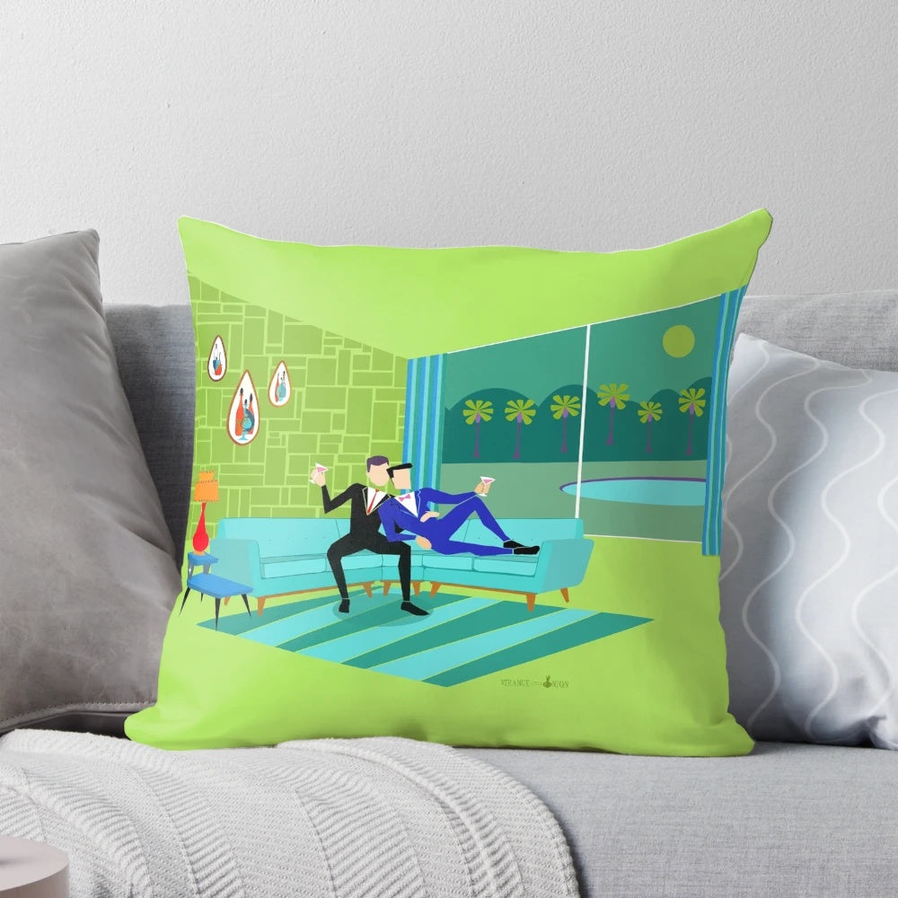 Retro gay couple pillow featuring a vintage palm springs style design with mid-century modern elements