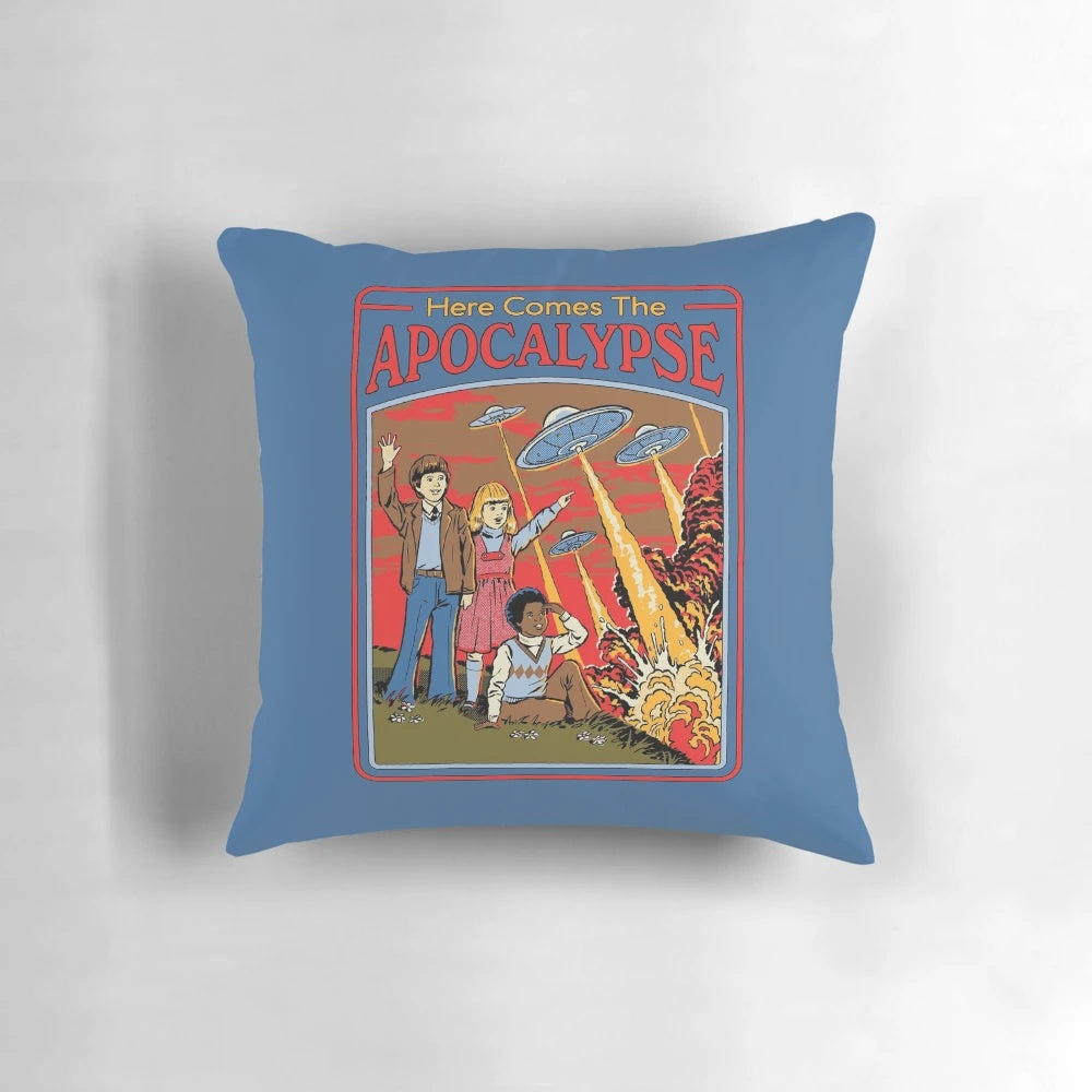 Retro vintage apocalypse pillow with a dark, humorous sci-fi design