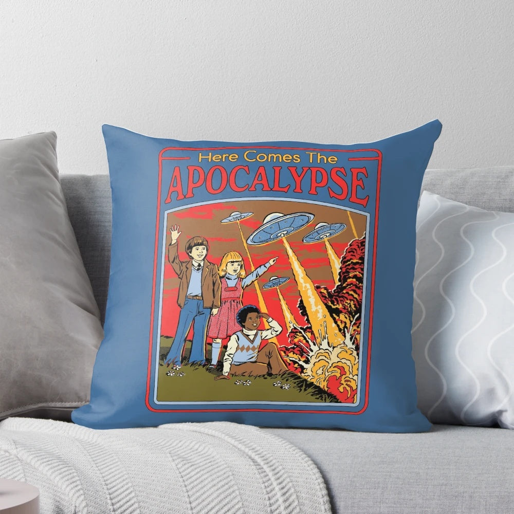 Retro vintage apocalypse pillow with a dark, humorous sci-fi design