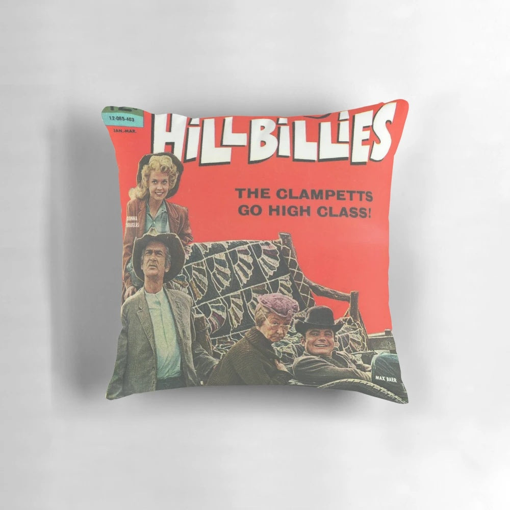Vintage-style throw pillow featuring the iconic characters from the classic TV series "The Beverly Hillbillies