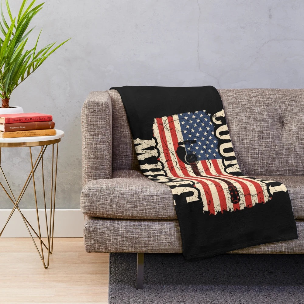 Retro vintage country music guitar with american flag plush blanket