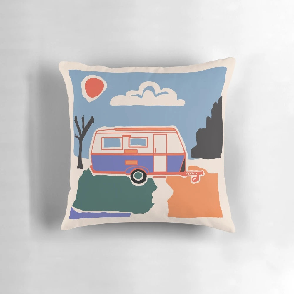 Retro vintage caravan pillow with a colorful paper cut Matisse-inspired design