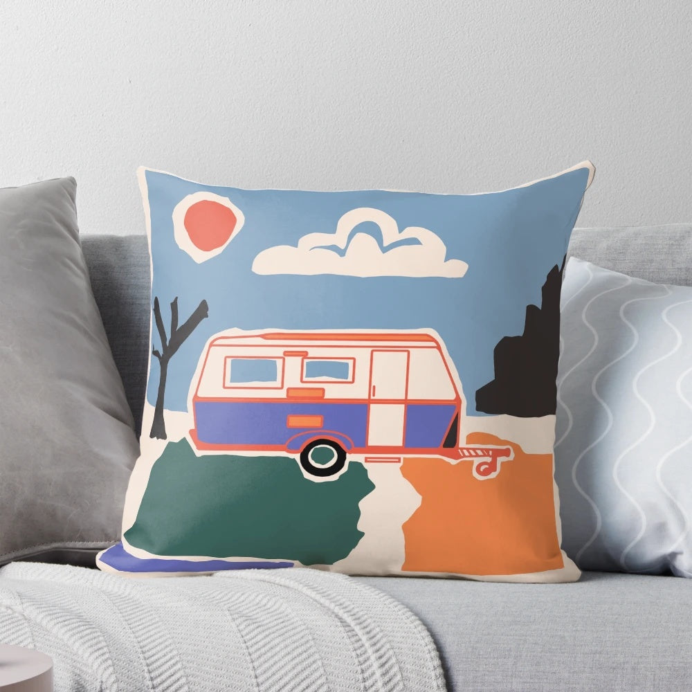 Retro vintage caravan pillow with a colorful paper cut Matisse-inspired design