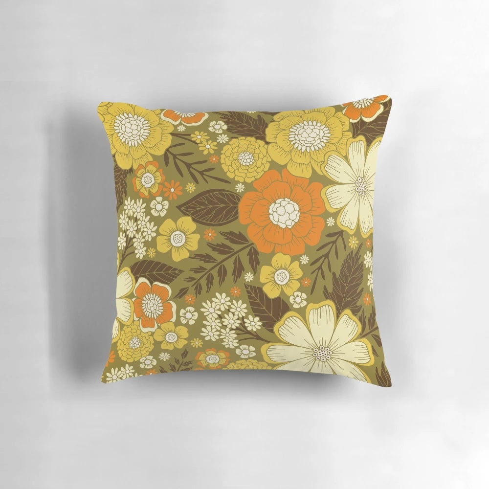Retro vintage floral 70s boho bohemian flower power pillow