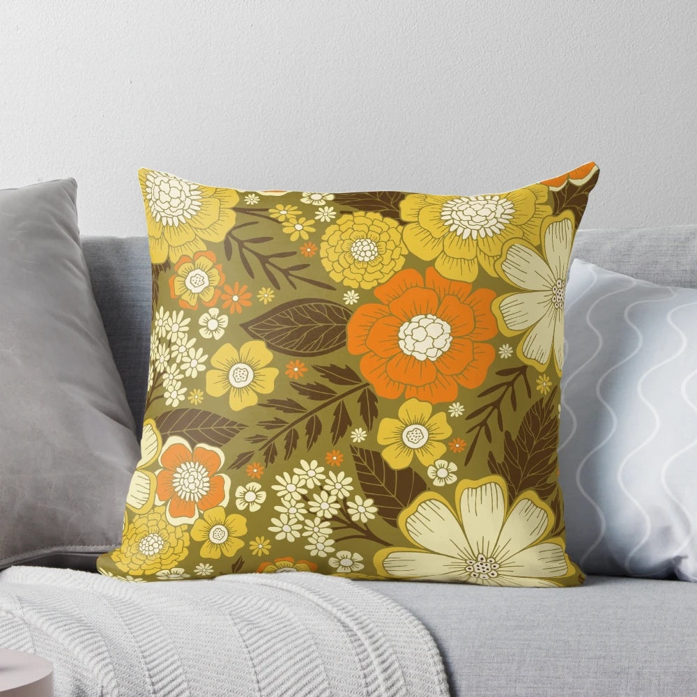 Retro vintage floral 70s boho bohemian flower power pillow