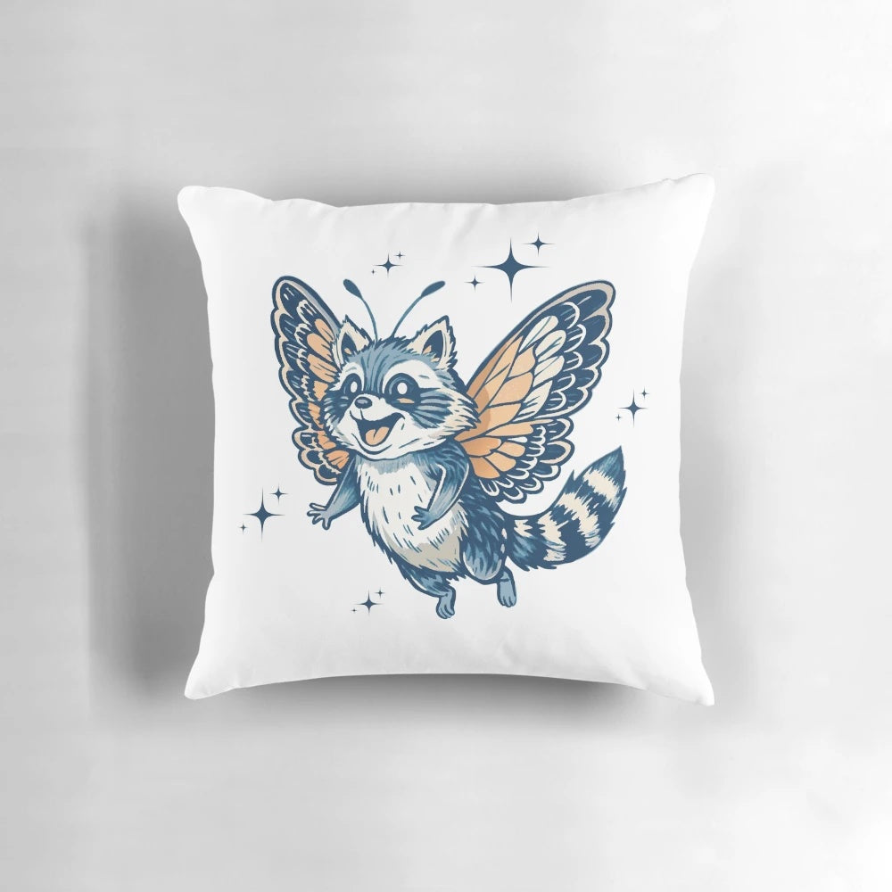 Vintage-inspired pillow featuring a raccoon with whimsical butterfly wings in a retro style design